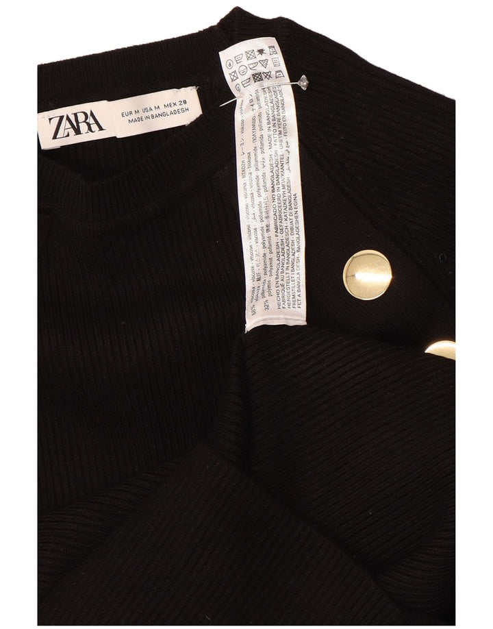 Zara Femme Crop Top Manches Longues UK 12 Medium Noir Viscose