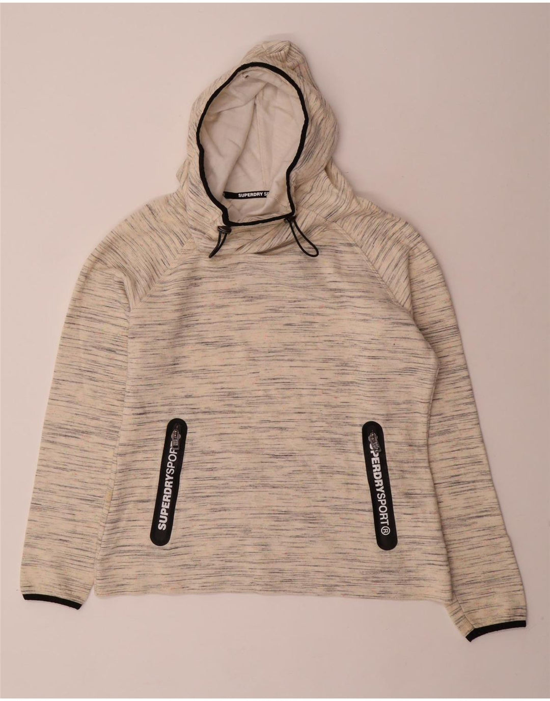 SUPERDRY Pull à capuche pour femme UK 16 Large en coton moucheté blanc cassé