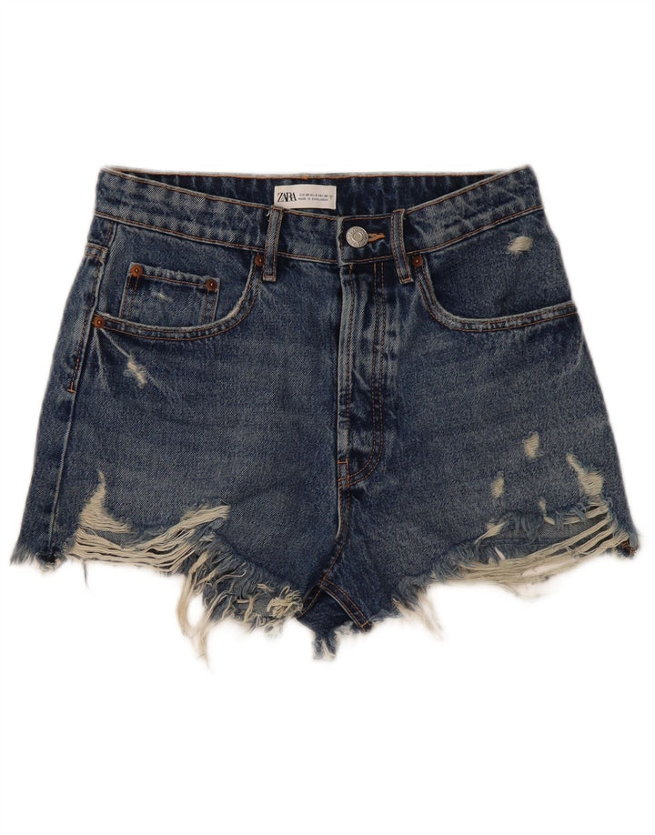 Zara Short en jean vieilli pour femme EU 38 Small W28 Bleu