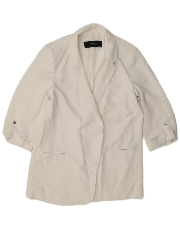 Zara Femme Veste Blazer Ouverte À Manches 3/4 UK 18 XL Acétate Blanc