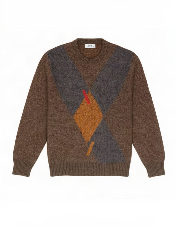 vintage Mens Crew Neck Jumper Pull IT 52 Grand Marron Argyle/Diamant