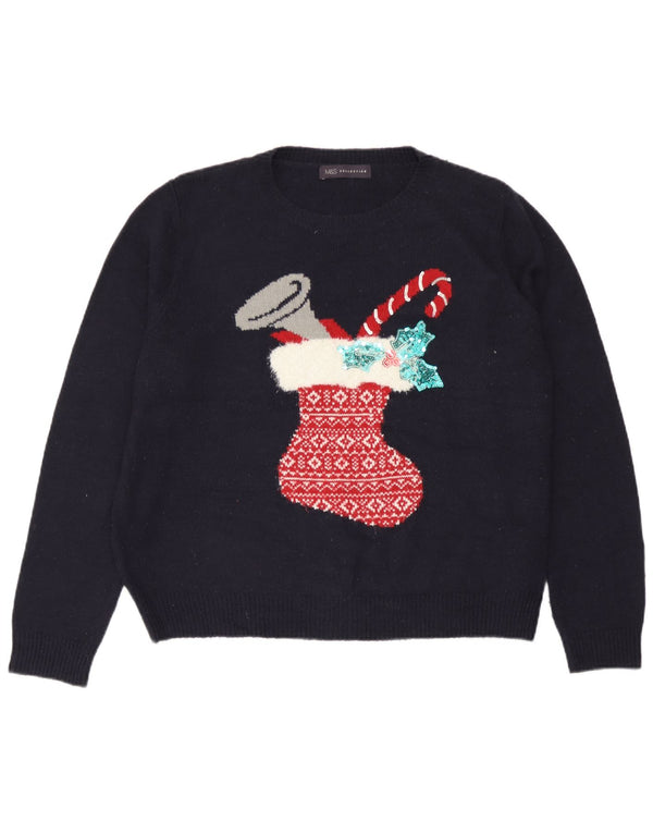 Marks & Spencer Pull ras du cou pour femme UK 18 XL Bleu marine Noël