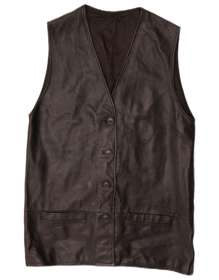 vintage Womens Longline Leather Gilet UK 16 Grand Cuir Noir