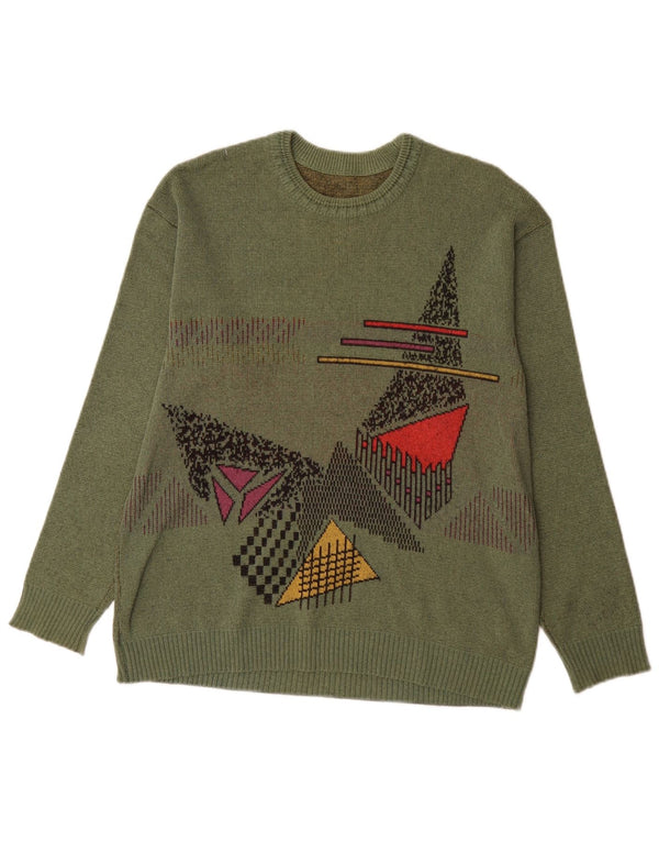 vintage Mens Graphic Crew Neck Jumper Pull Moyen Kaki Géométrique