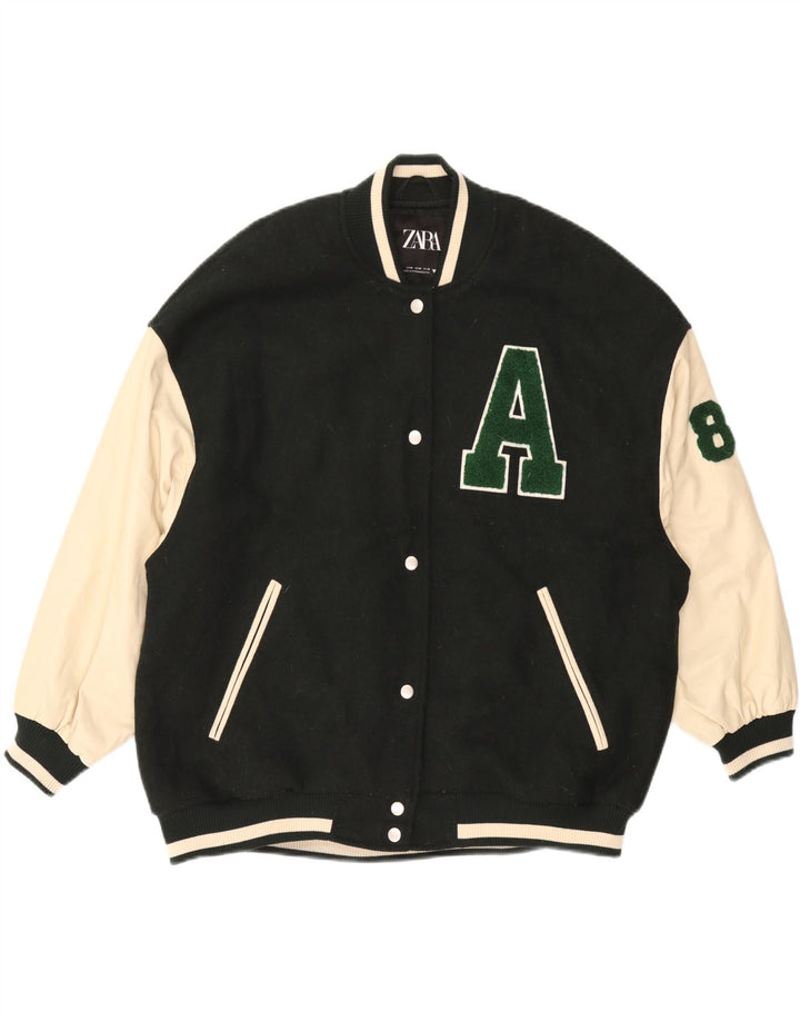 ZARA Veste Varsity Graphique pour Homme UK 38 Polyester Colorblock Vert Moyen
