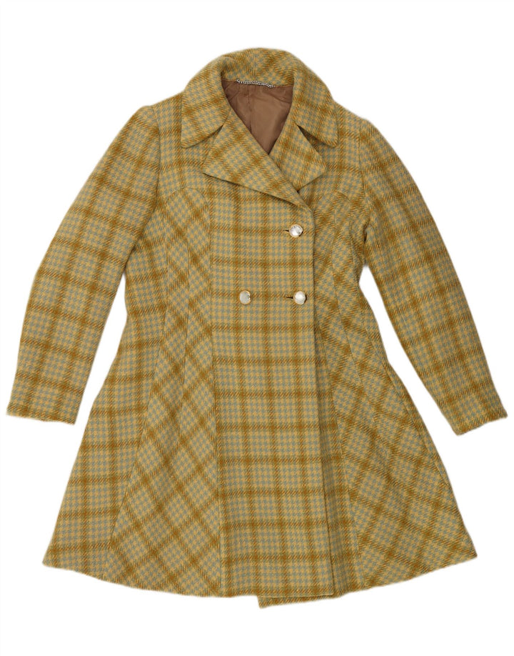 vintage Femmes Double Breasted Coat UK 14 Pied-de-poule jaune moyen