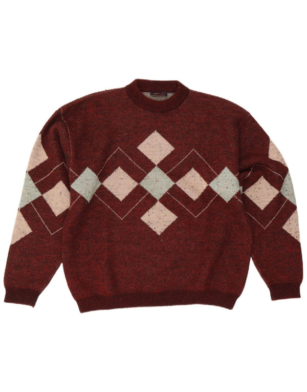 vintage Mens Crew Neck Jumper Pull Grand Bourgogne Argyle/Diamant