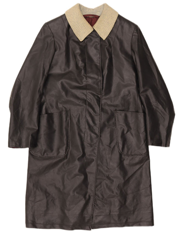 VINTAGE Manteau en cuir femme UK 12 Medium Black Colourblock