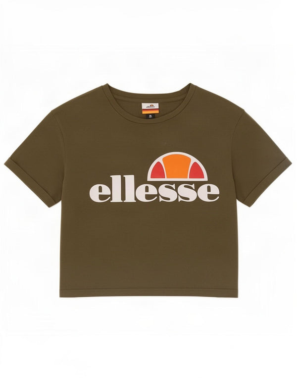 Ellesse Womens Crop Graphic T-Shirt Top UK 8 Small Kaki Colorblock Coton