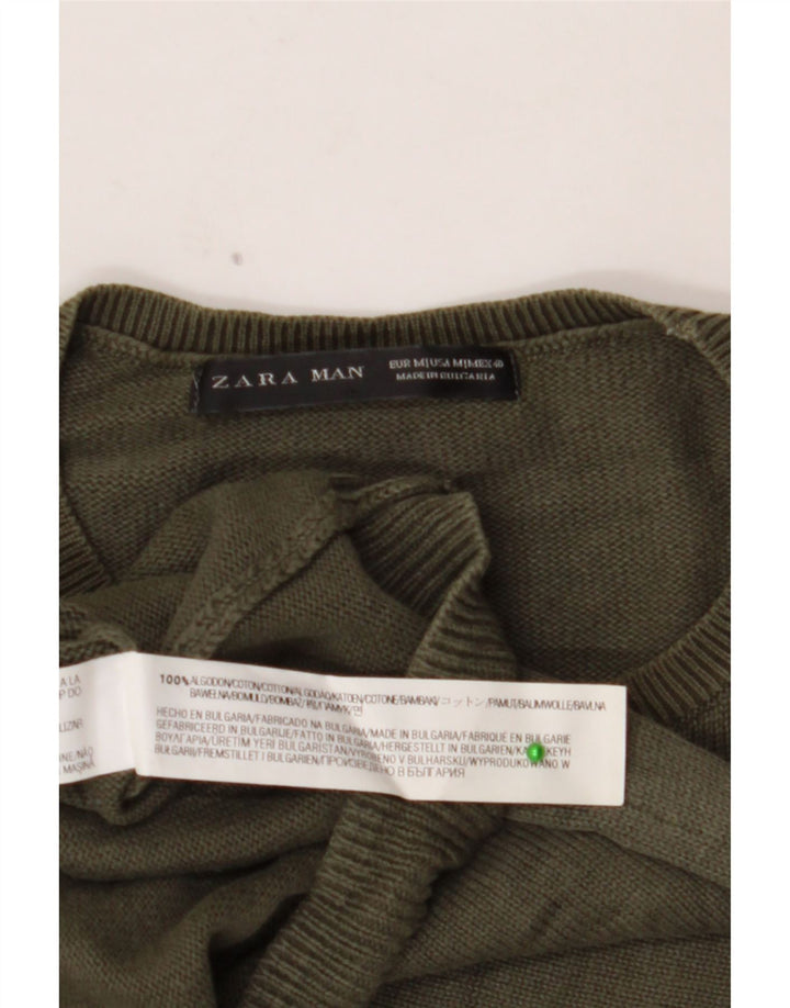 ZARA Pull graphique à col rond pour homme en coton kaki moyen