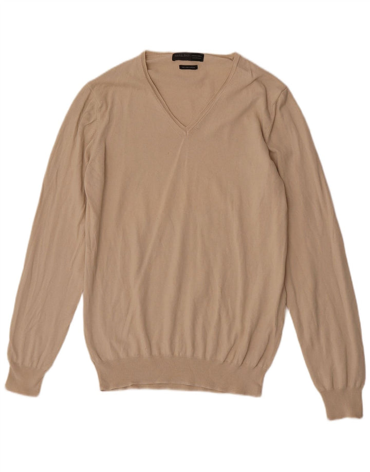 Zara Homme Coupe Regular Col V Pull Pull Large Beige Coton