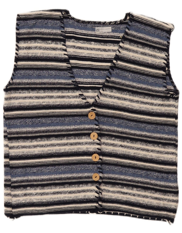 vintage Femmes Sans Manches Cardigan Pull UK 16 Grand Bleu Rayé