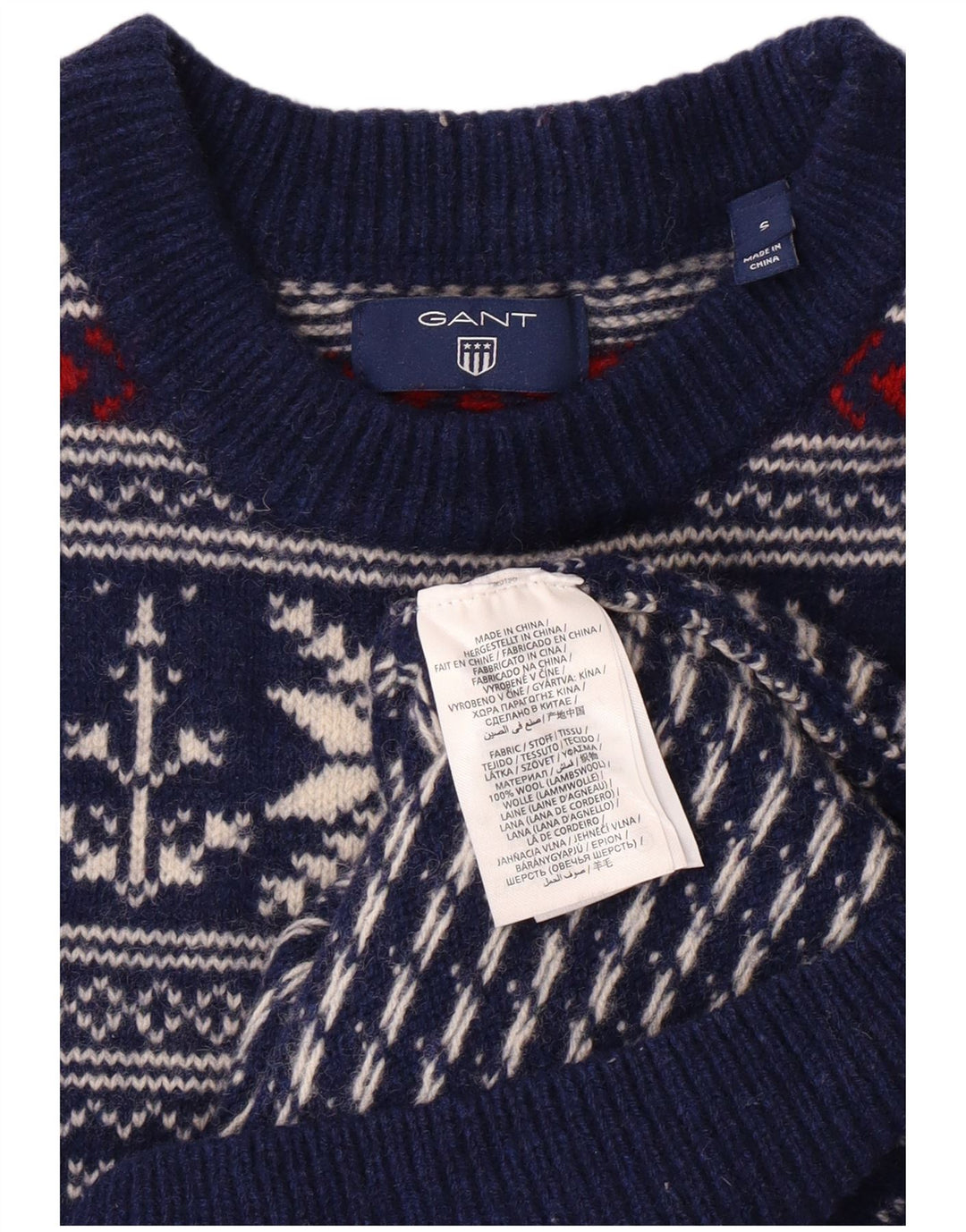 GANT Pull ras du cou pour homme en laine Fair Isle bleu marine Small