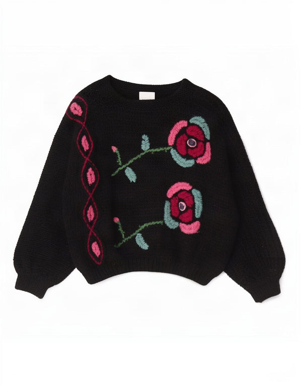 vintage Femmes Crop Boat Neck Jumper Pull UK 14 Moyen Noir Floral