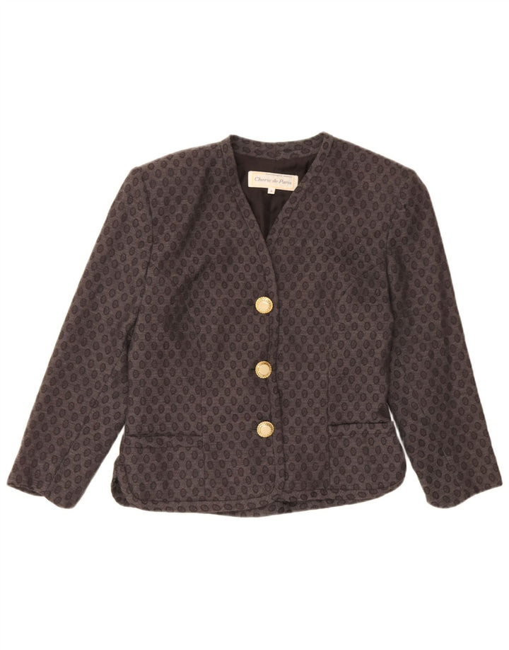 vintage Femme 3/4 Manches Blazer Veste IT 44 Gris Moyen Géométrique