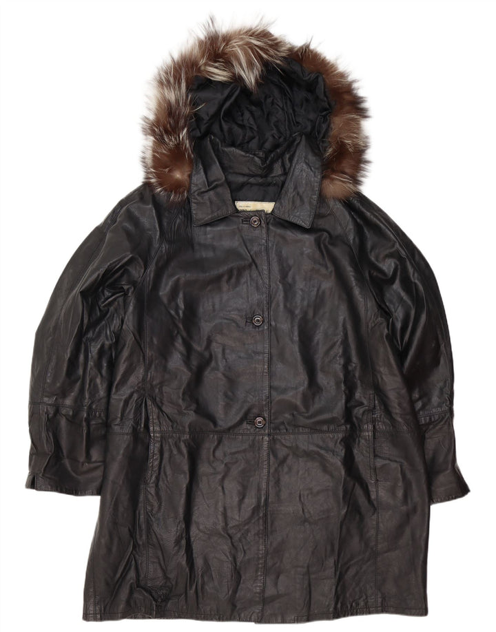 Manteau en cuir surdimensionné à capuche pour femme vintage IT 48 XL Cuir noir