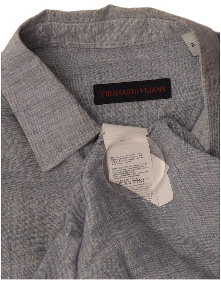 Trussardi Chemise Homme Taille 39 Lin Moucheté Bleu Moyen