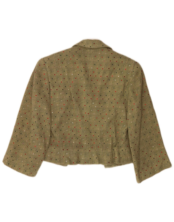 vintage Femmes Crop 3/4 Manches Blazer Veste UK 12 Vert Moyen Tacheté