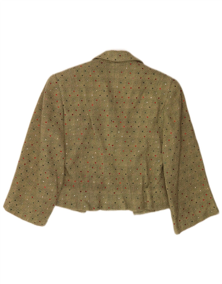 vintage Femmes Crop 3/4 Manches Blazer Veste UK 12 Vert Moyen Tacheté