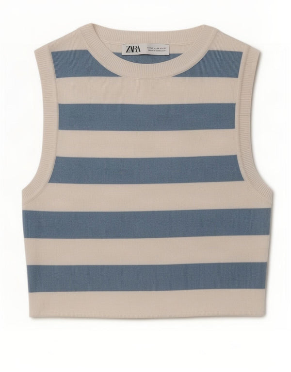 Zara Womens Crop Vest Top UK 12 Bleu Moyen Rayé