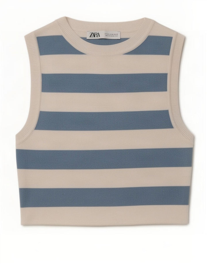 Zara Womens Crop Vest Top UK 12 Bleu Moyen Rayé