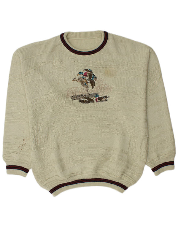 vintage Mens Graphic Crew Neck Jumper Pull UK 46/48 2XL Beige Acrylique