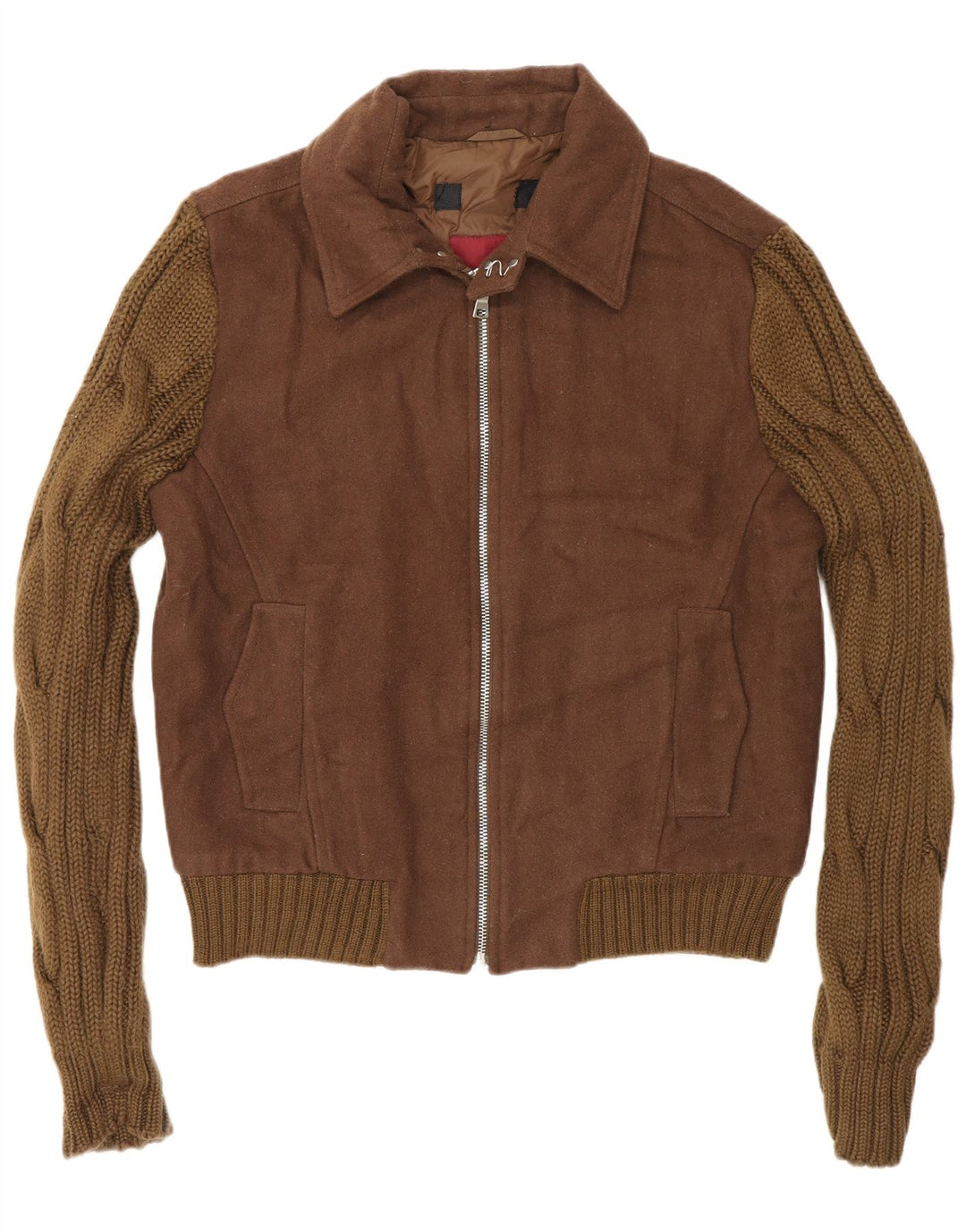 Zara Mens Knit Bomber Jacket UK 40 Large Marron Colourblock Laine
