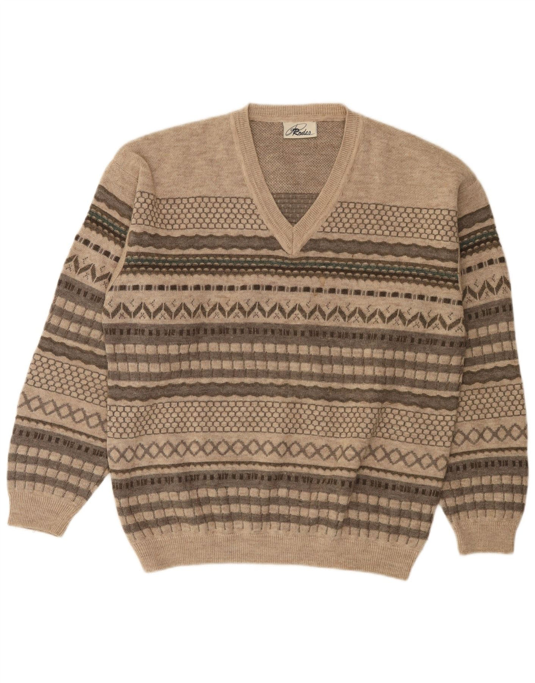 Rodes Pull col V en Laine Rayée Beige Moyen Homme
