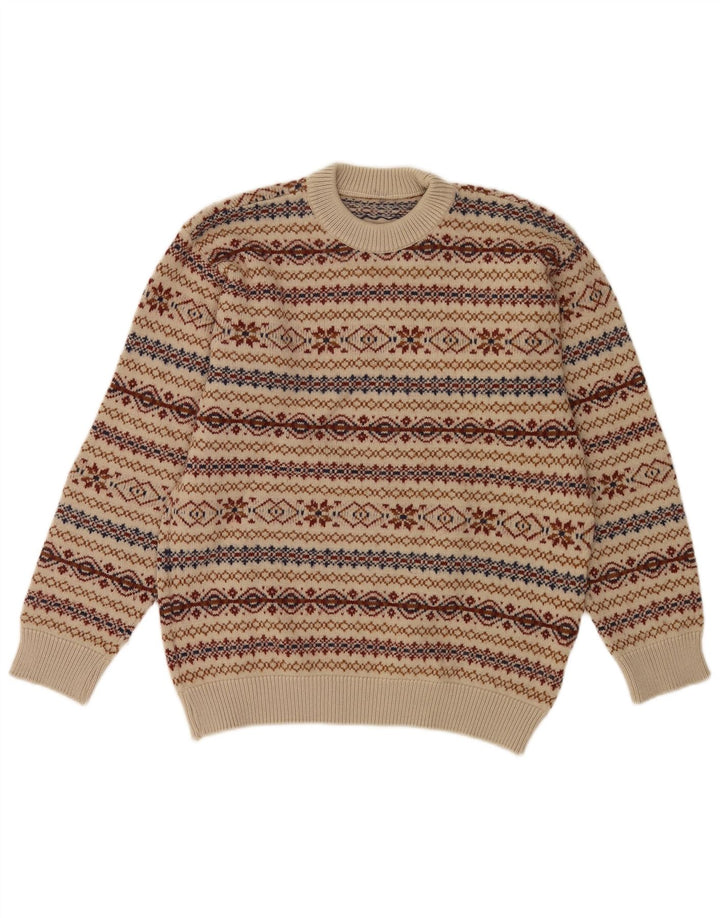 vintage Mens Crew Neck Jumper Pull Moyen Beige Fair Isle