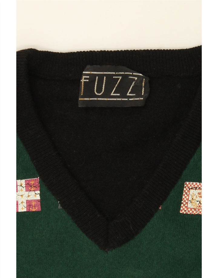 FUZZI Womens Graphic V-Neck Jumper Sweater IT 46 Large Green Colourblock Vintage Fuzzi and Second-Hand Fuzzi from Messina Hembry 