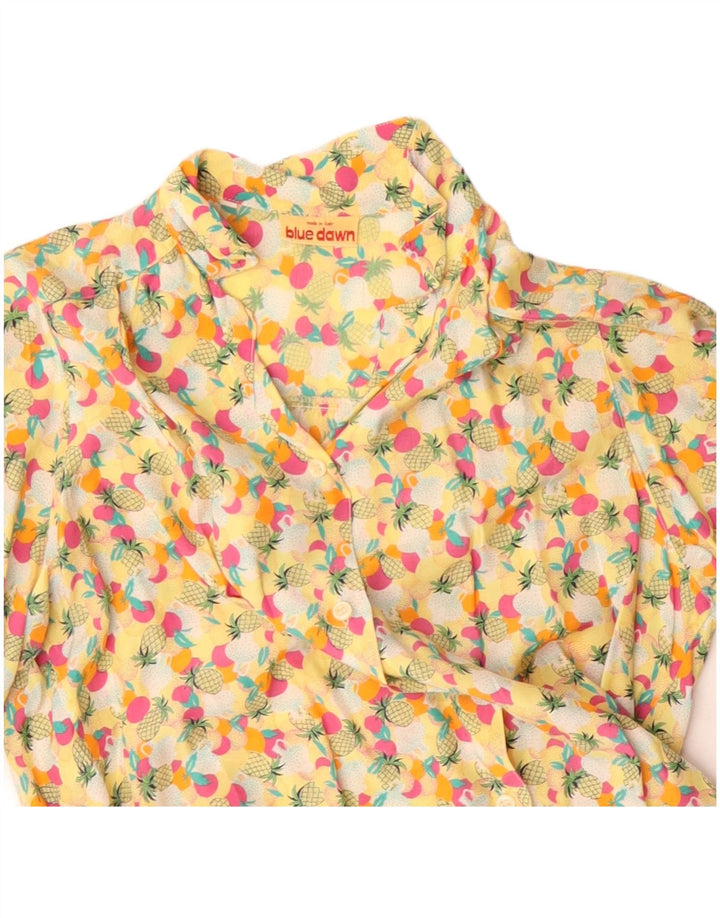 vintage Femmes Motif Abstrait Chemise Blouse UK 14 Grand Jaune