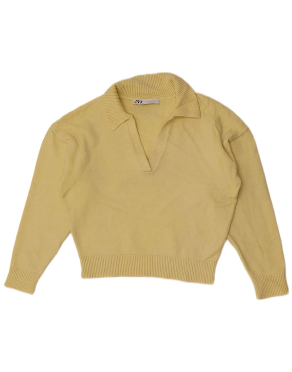 Zara Pull court à col polo pour femme UK 10 Petite viscose jaune