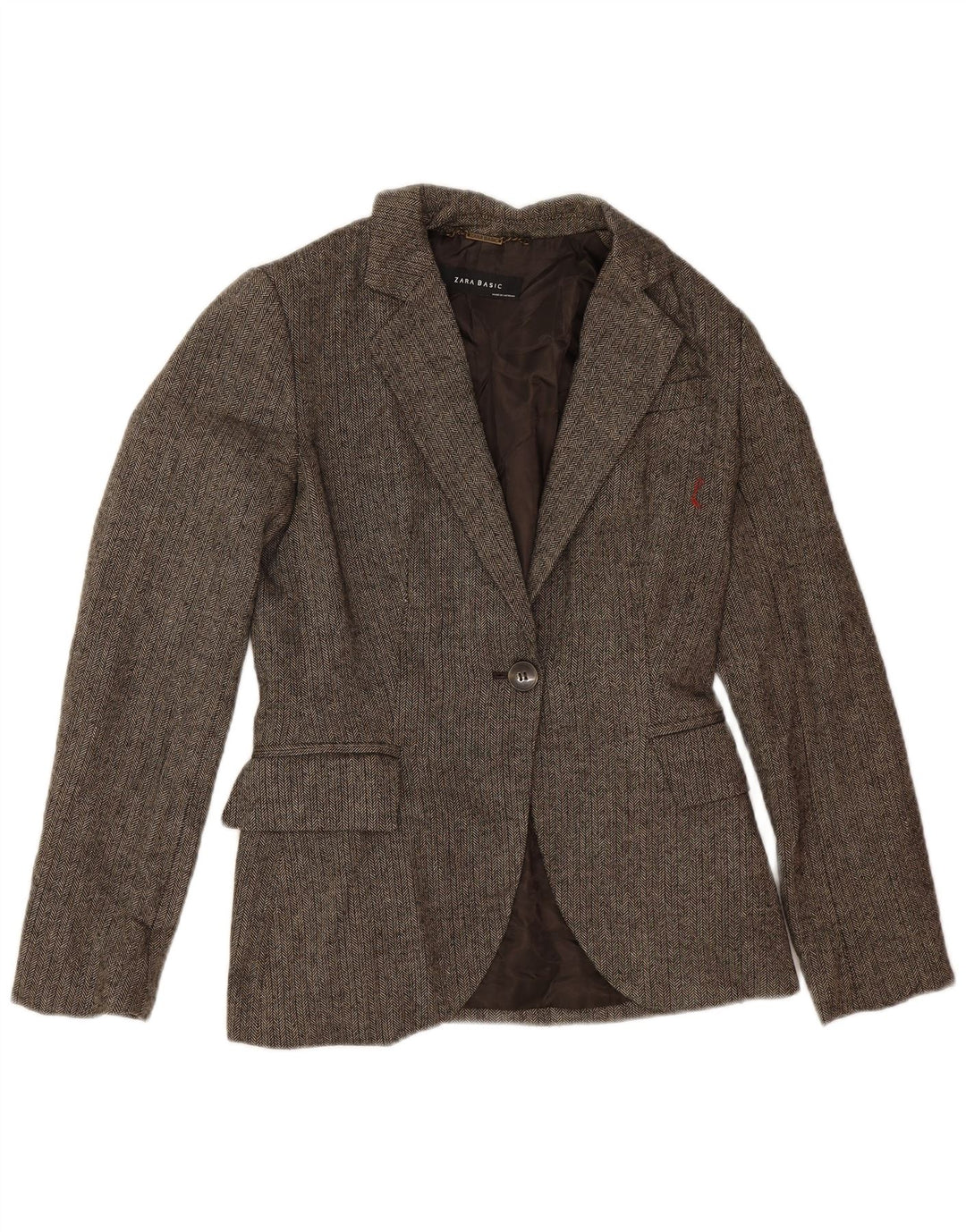 Zara Veste Blazer 1 Bouton Femme UK 12 Laine à Chevrons Marron Moyen