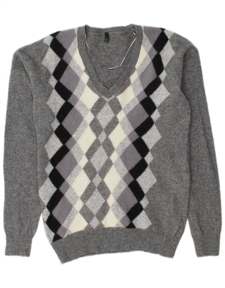 BENETTON Pull col en V pour femme UK 10 Petit gris Argyle/Diamond Laine