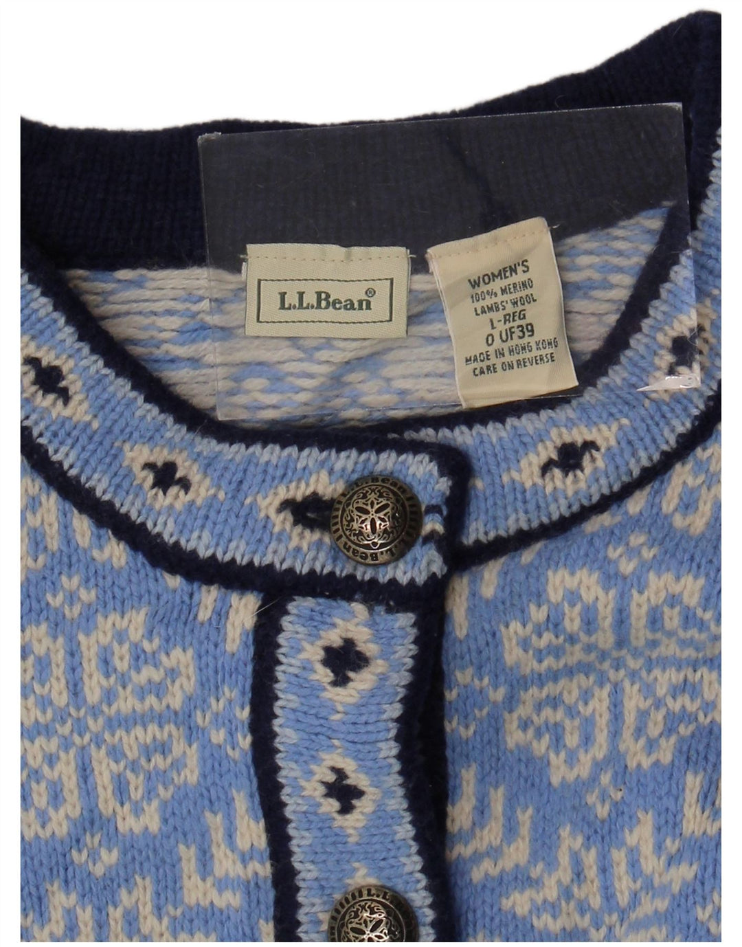 L.L.BEAN Pull Cardigan Femme UK 16 Grand Bleu Fair Isle Laine Mérinos