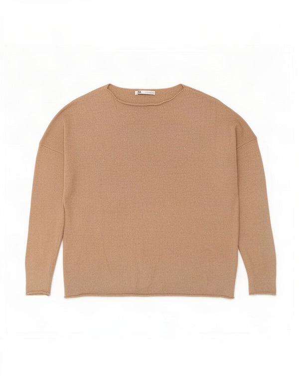Zara Pull surdimensionné à col bateau pour femme UK 14 en coton beige moyen