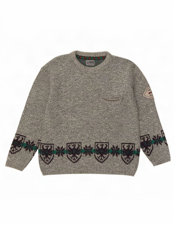 vintage Mens Crew Neck Jumper Pull Grande Gris Fair Isle Laine