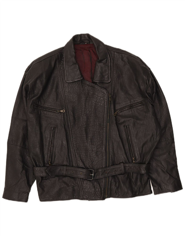 VINTAGE Womens Oversized Leather Biker Jacket EU 44 XL Black Leather