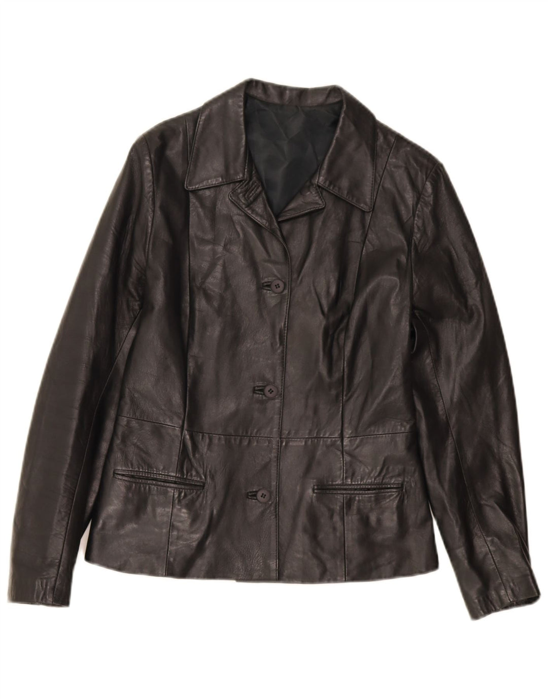 vintage Femme 3 Boutons Veste Blazer En Cuir IT 44 Cuir Noir Moyen