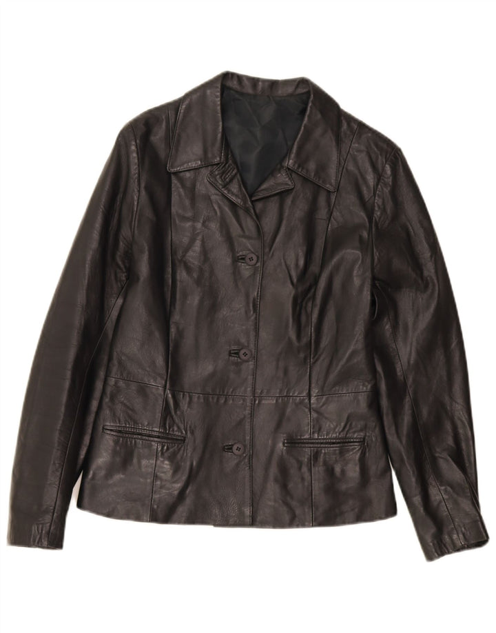 vintage Femme 3 Boutons Veste Blazer En Cuir IT 44 Cuir Noir Moyen