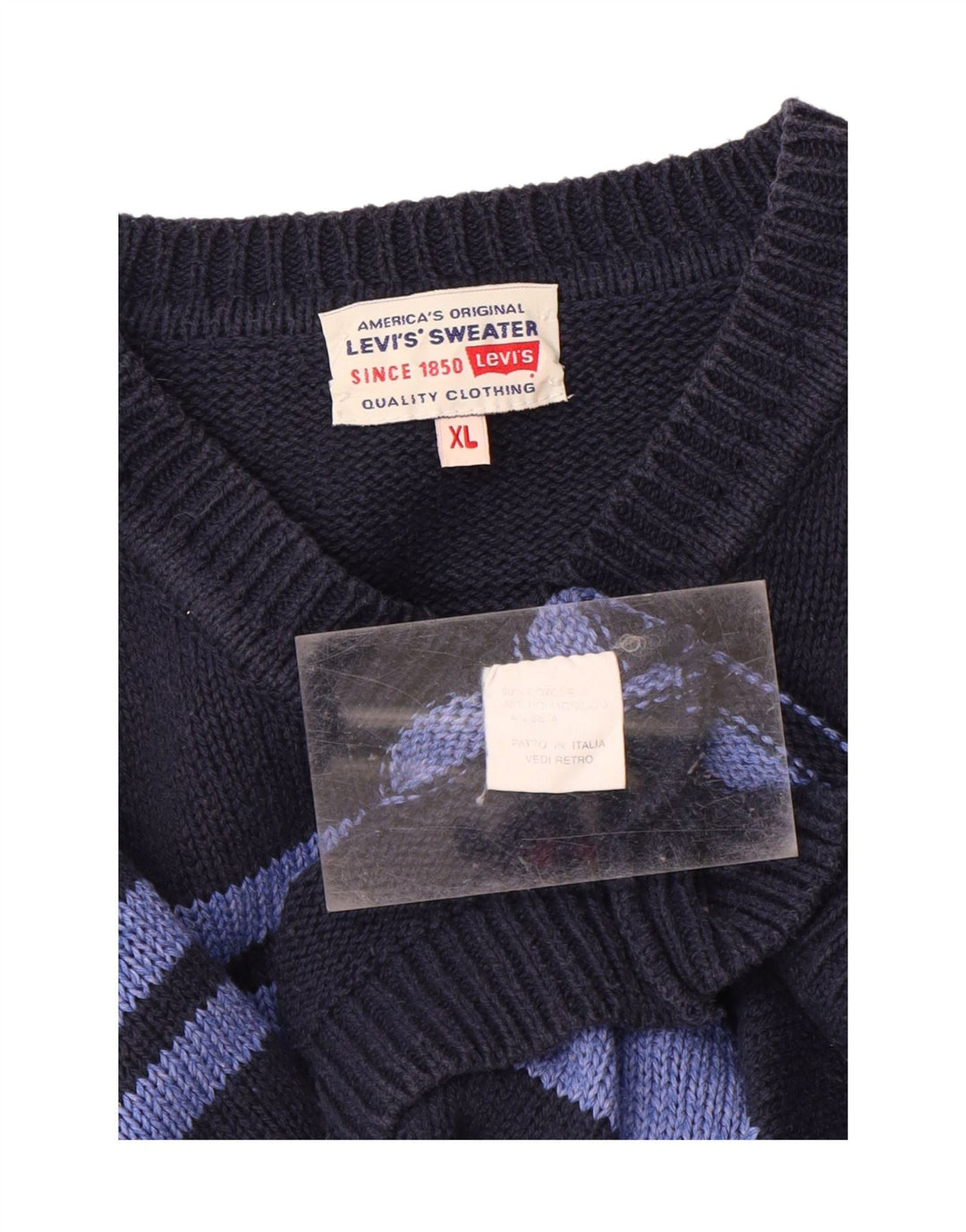 LEVI'S Mens V-Neck Jumper Sweater XL Navy Blue Striped Polyacrylic Vintage Levi's and Second-Hand Levi's from Messina Hembry 