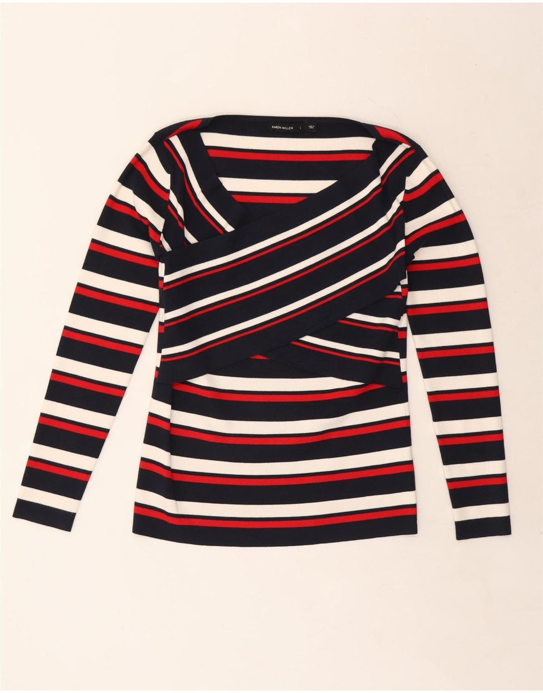 KAREN MILLEN Haut Femme Manches Longues UK 14 Large Rayé Multicolore