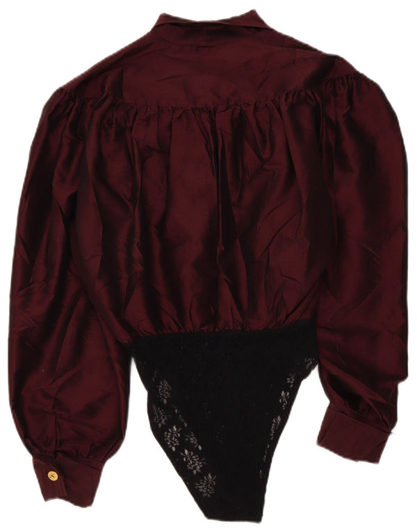 vintage Femme Chemise à manches longues Body UK 16 Grand Burgundy Colourblock