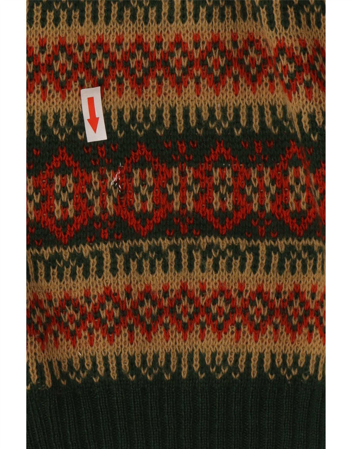 vintage Mens V-Col Jumper Pull Moyen Vert Rayé Laine