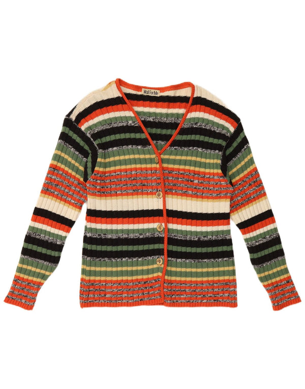 vintage Womens Cardigan Sweater UK 16 Grande laine rayée multicolore