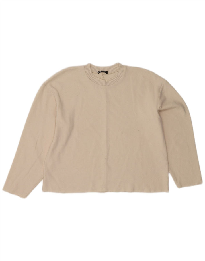 Zara Pull court à col rond pour femme UK 14 en polyester blanc moyen