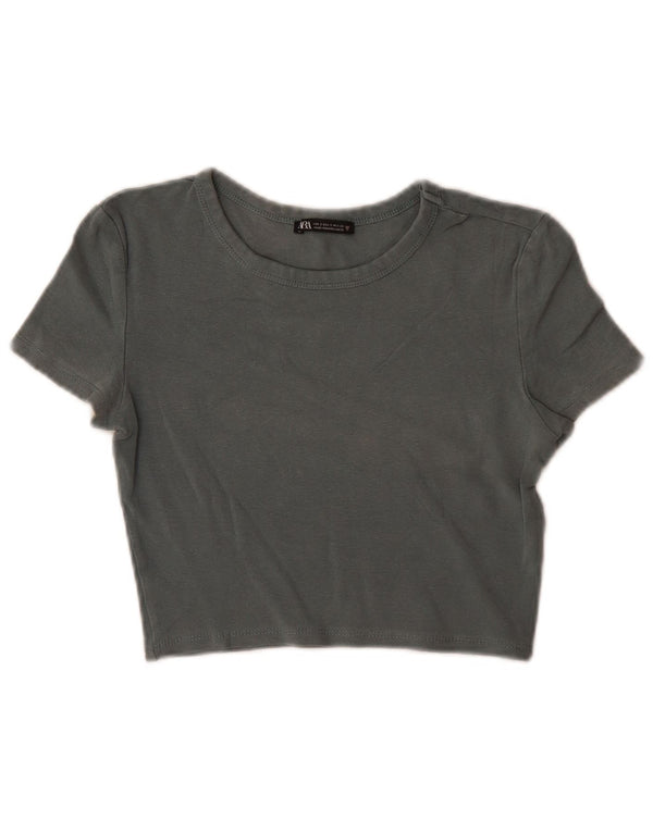Zara Womens Crop T-Shirt Top UK 8 Petit Vert Coton