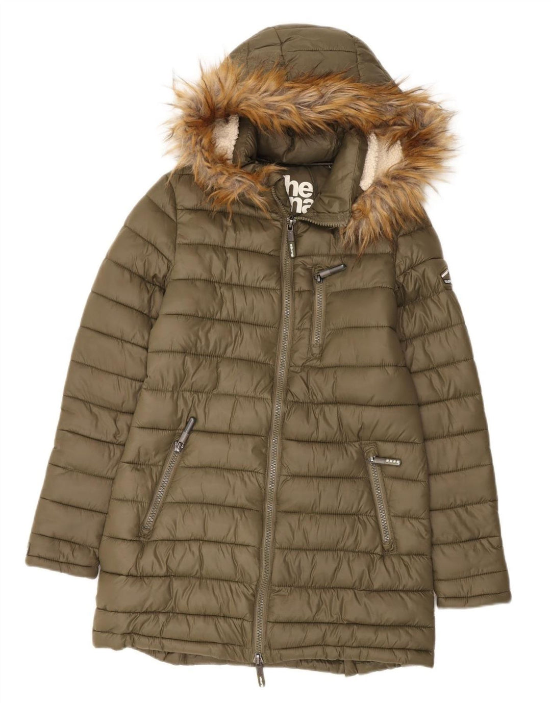 Superdry Manteau rembourré à capuche pour femme UK 14 Medium Khaki Nylon