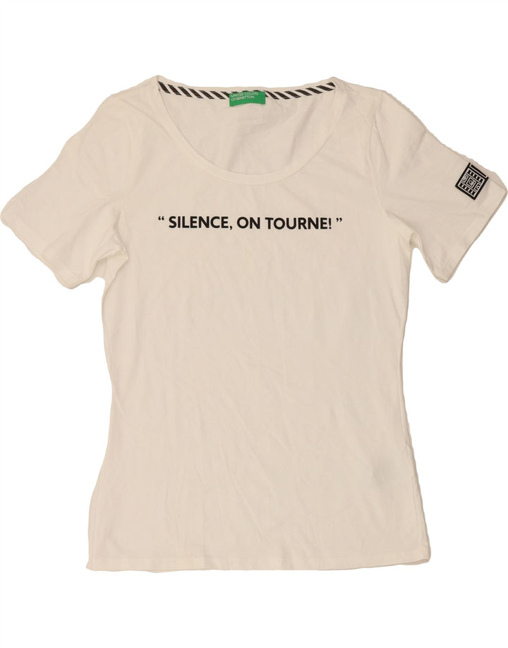 BENETTON Womens Graphic T-Shirt Top UK 12 Medium White Cotton Vintage Benetton and Second-Hand Benetton from Messina Hembry 