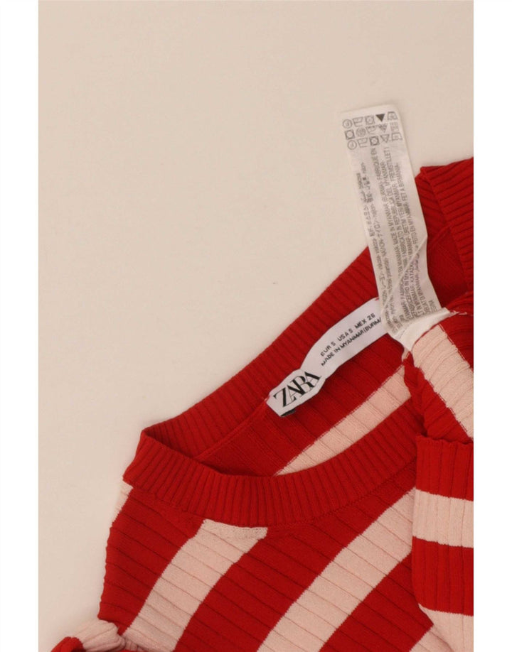 Zara Femme Crop Top UK 8 Petite Viscose Rayée Rouge
